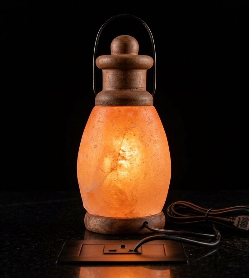 Natural Handcrafted Himalayan Pink Salt Lantern Lamp – USB Powered with Wooden Base & Metal Handle
