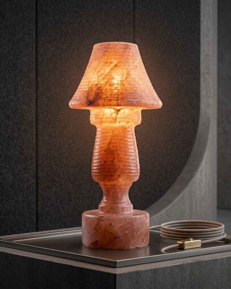Modern Sculptural Himalayan Pink Salt Table Lamp – Carved Salt Shade with Dark Metallic Base & Braided Cord