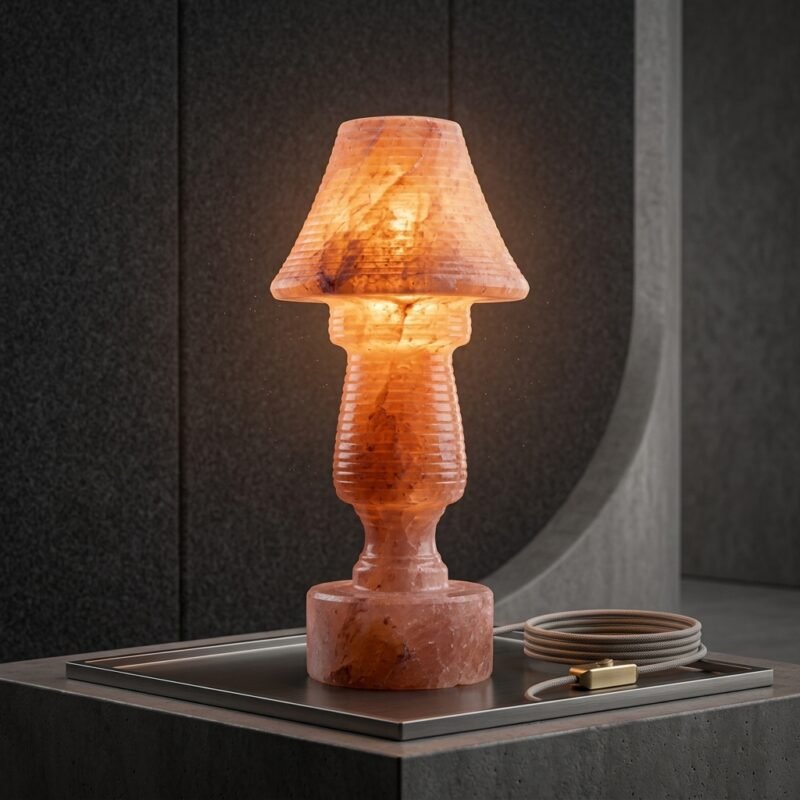 Modern Sculptural Himalayan Pink Salt Table Lamp – Carved Salt Shade with Dark Metallic Base & Braided Cord